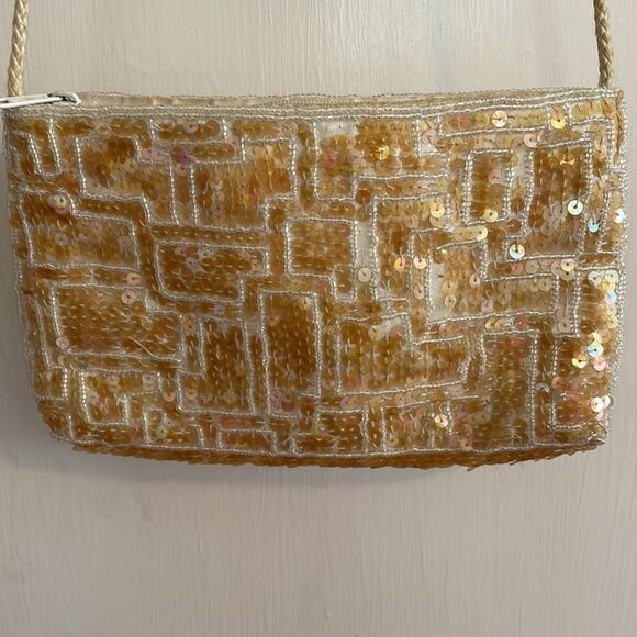 Gold sequined & beaded small cloth crossbody purse - Picture 3 of 10